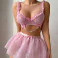 Ruffle Trim Lingerie Set with Pearl Chain And Butterfly Tulle Skirt
