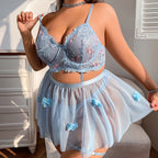 Plus Size Floral Embroidered Underwire Split Bra Thong Set