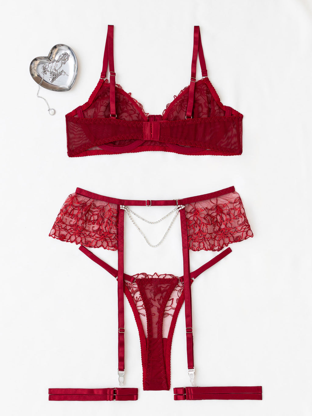 Embroidered Lace Push-Up Bra And Pearl Chain Garter Lingerie Set