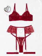 Embroidered Lace Push-Up Bra And Pearl Chain Garter Lingerie Set