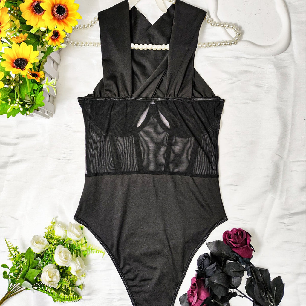 Crisscross Halter Neck Cutout Mesh Corset Bodysuit