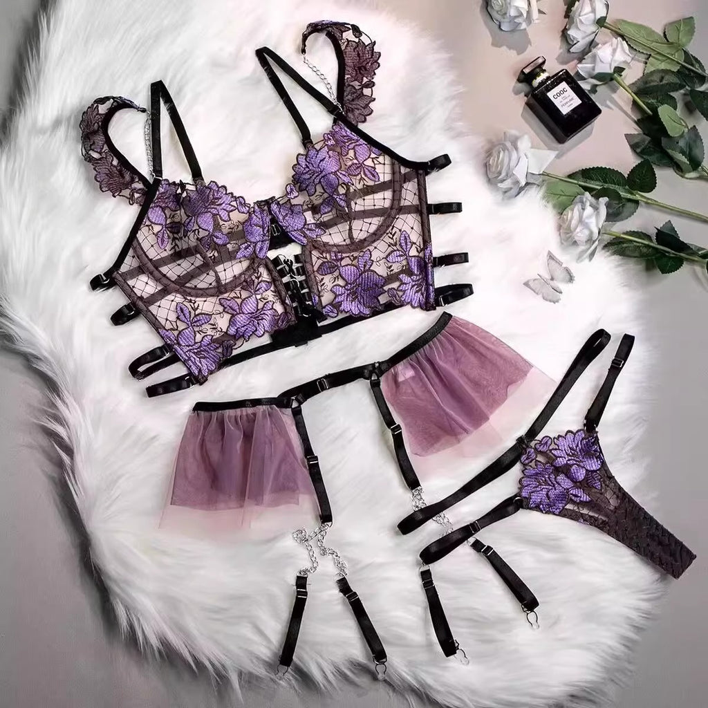 Floral Embroidered Lace‑Up Corset Lingerie Set