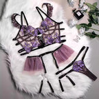 Floral Embroidered Lace‑Up Corset Lingerie Set