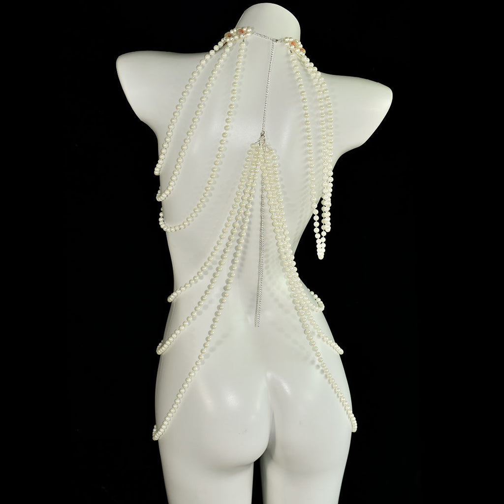 Classic Long Faux Pearl Dress with Heart Pendant and Crystal Accent Women's Party Banquet Body Chain
