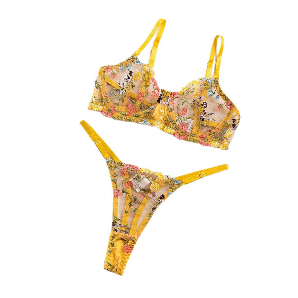 Sexy Embroidered Floral Colorblock Underwire Bra and Thong Lingerie Set