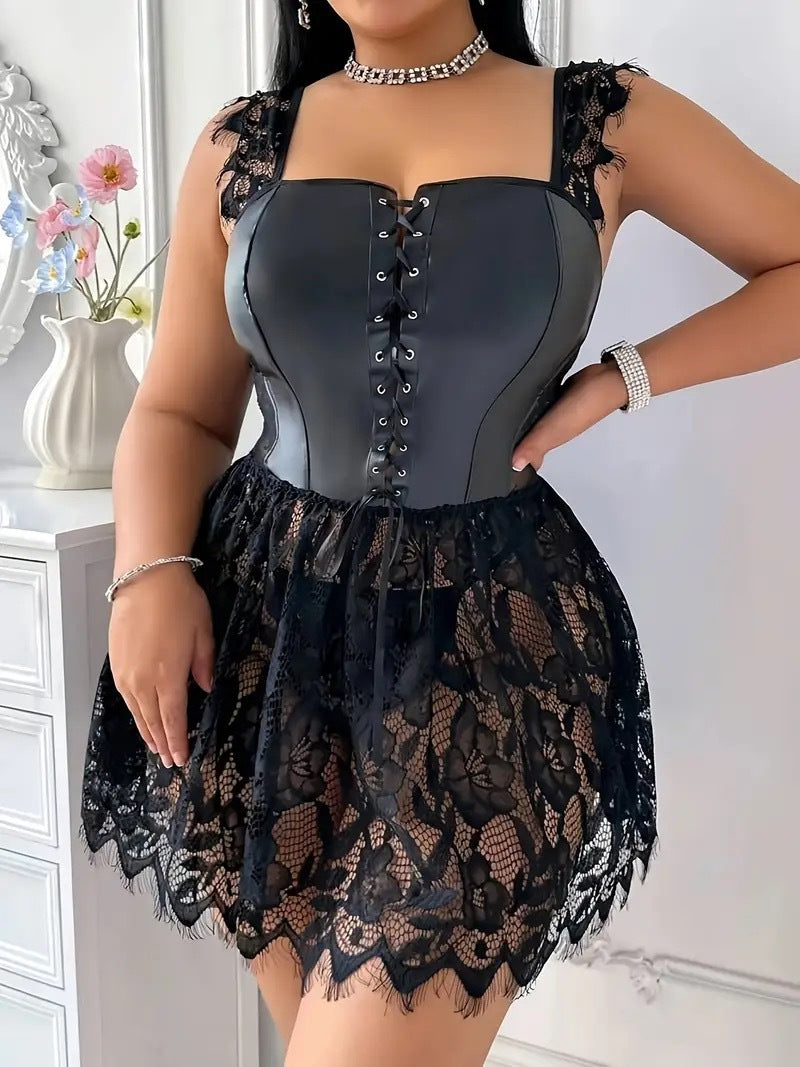 Faux Leather Sheer Lace Lingerie Dress with Flared Skirt