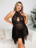 Plus Size Floral Lace Halter Babydoll with Cutout And Asymmetrical Hem
