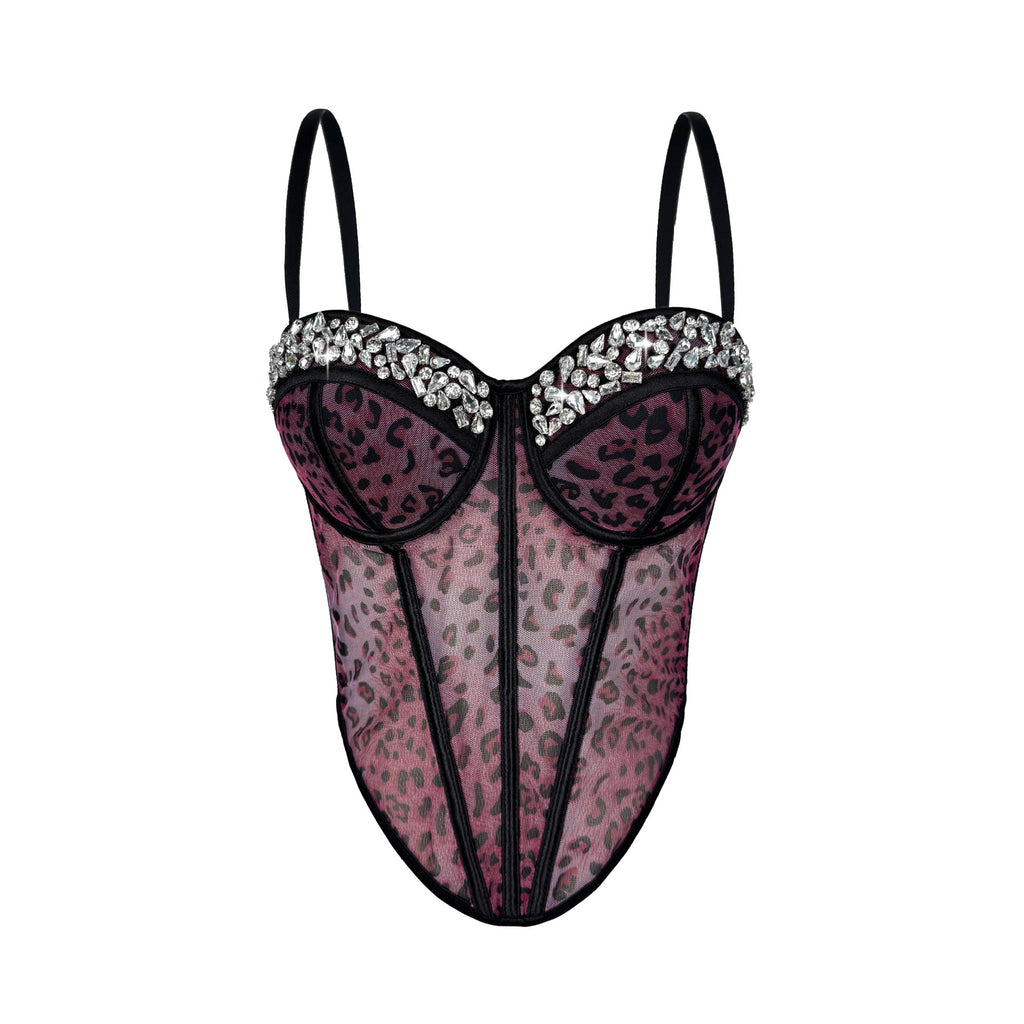 Leopard Print Sheer Mesh Corset Bustier