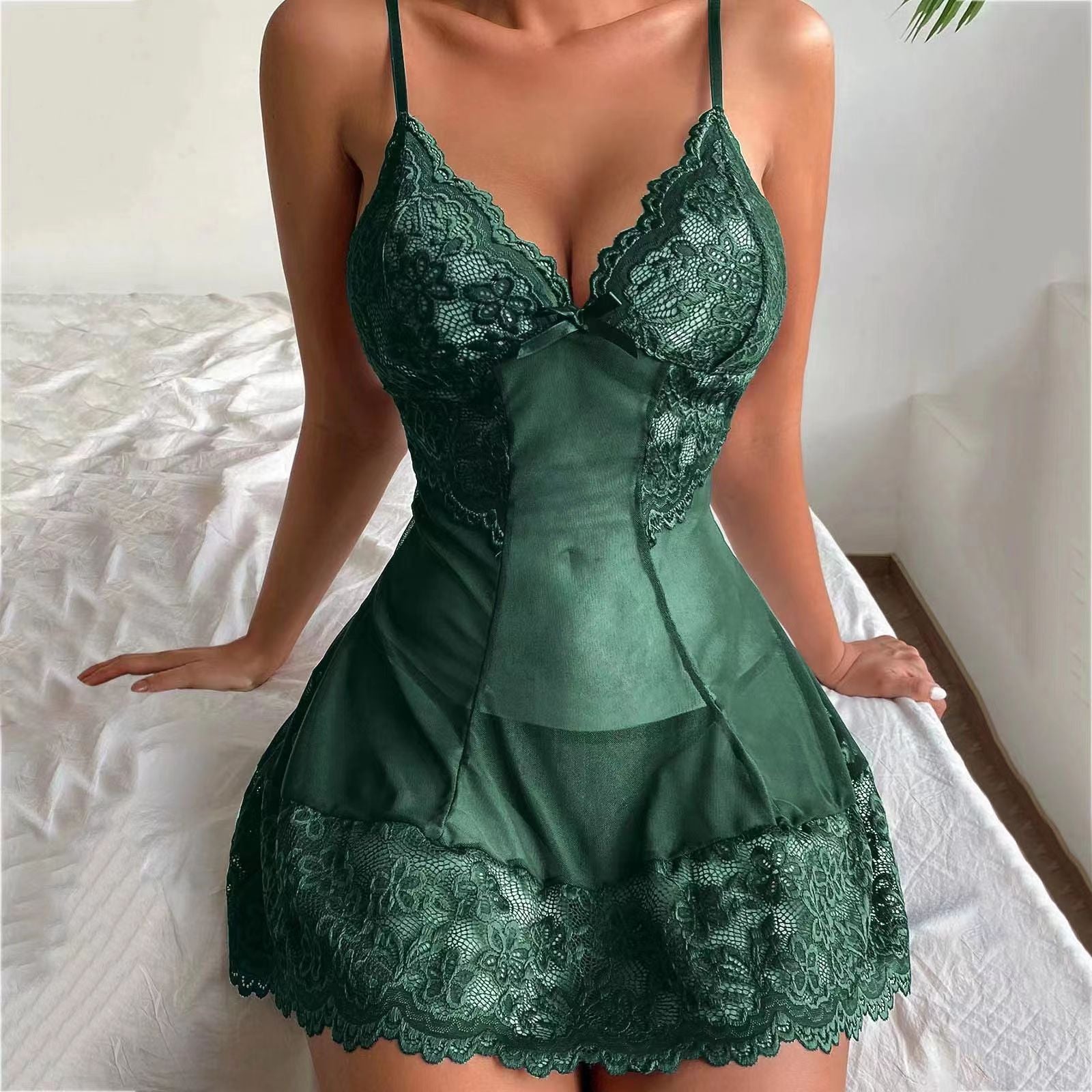 Floral Lace Babydoll Chemise with Sheer Mesh Panel & Scalloped Hem