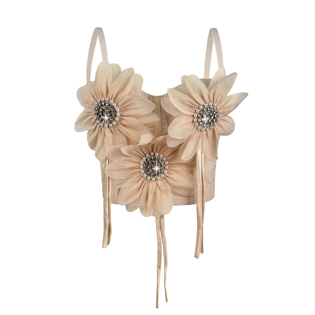 Flower-Appliqué Corset Lingerie Top