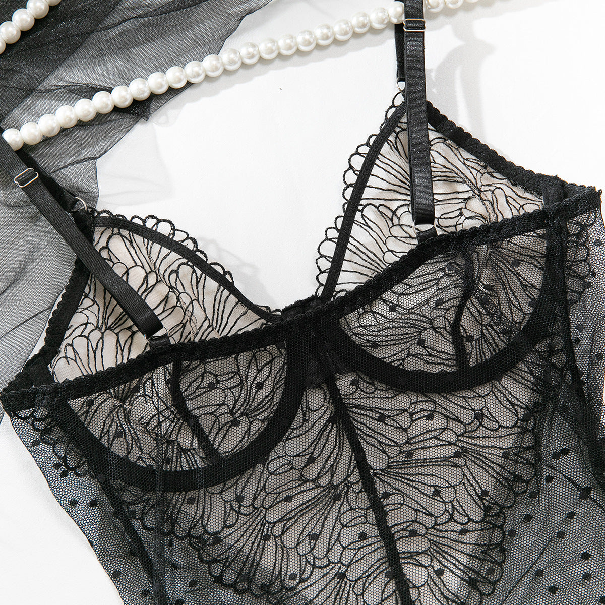 Floral Lace Polka‑Dot Sheer Mesh Chemise Set