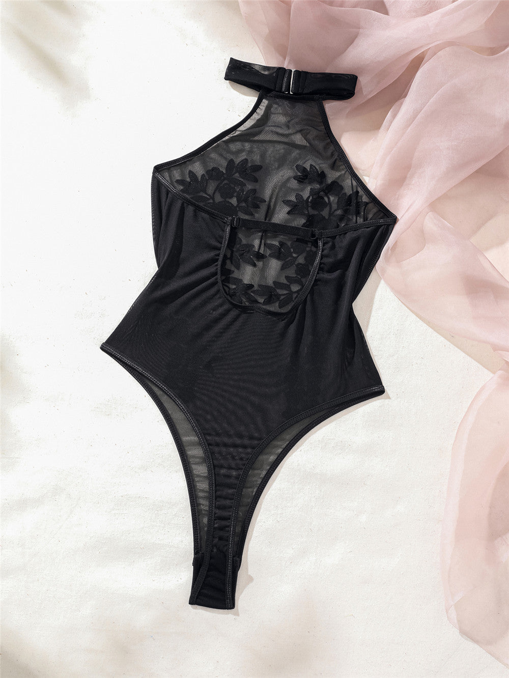 Halter Neck Floral Embroidered Sheer Mesh Bodysuit