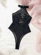 Halter Neck Floral Embroidered Sheer Mesh Bodysuit