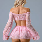 Sheer Floral Lace Off‑Shoulder Ruffled Lingerie Set