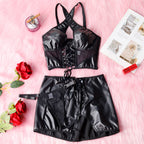 Leather Crisscross Halter Mesh Split Two-Piece Erotic Set