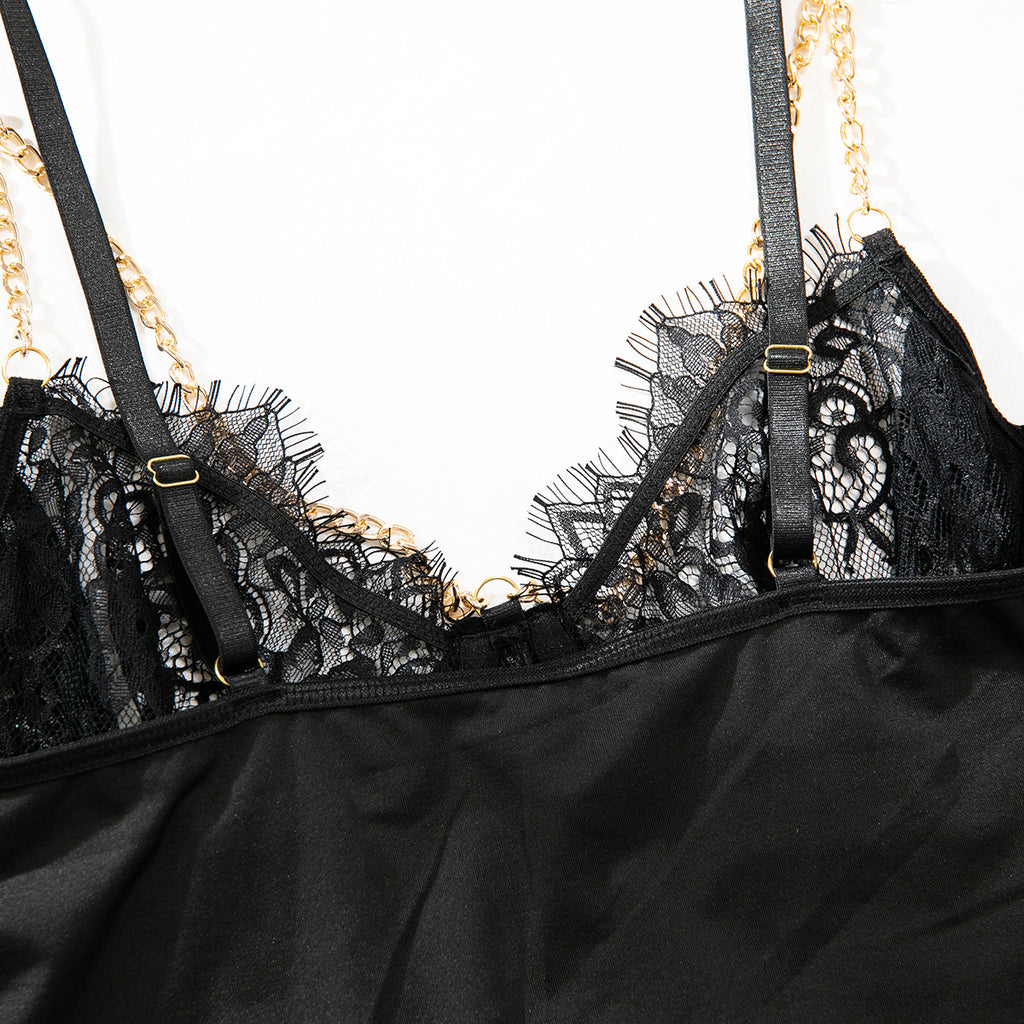 Eyelash‑Lace Deep‑V Open‑Back Intimate Bodysuit