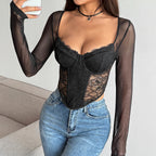 Floral Lace Corset with Sheer Sleeves & Choker Neckline