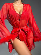 Heart Lace Lingerie Set with Feather Trim Robe