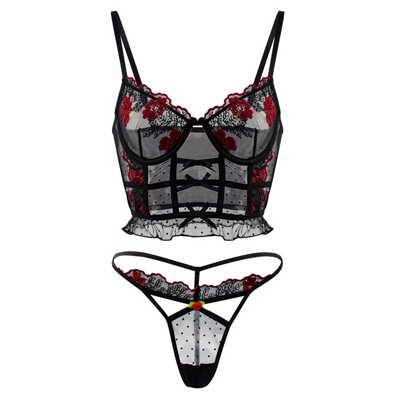 Rose Floral Embroidered Lace Mesh Corset Lingerie 2 Piece Set