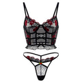 Rose Floral Embroidered Lace Mesh Corset Lingerie 2 Piece Set