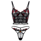 Rose Floral Embroidered Lace Mesh Corset Lingerie 2 Piece Set