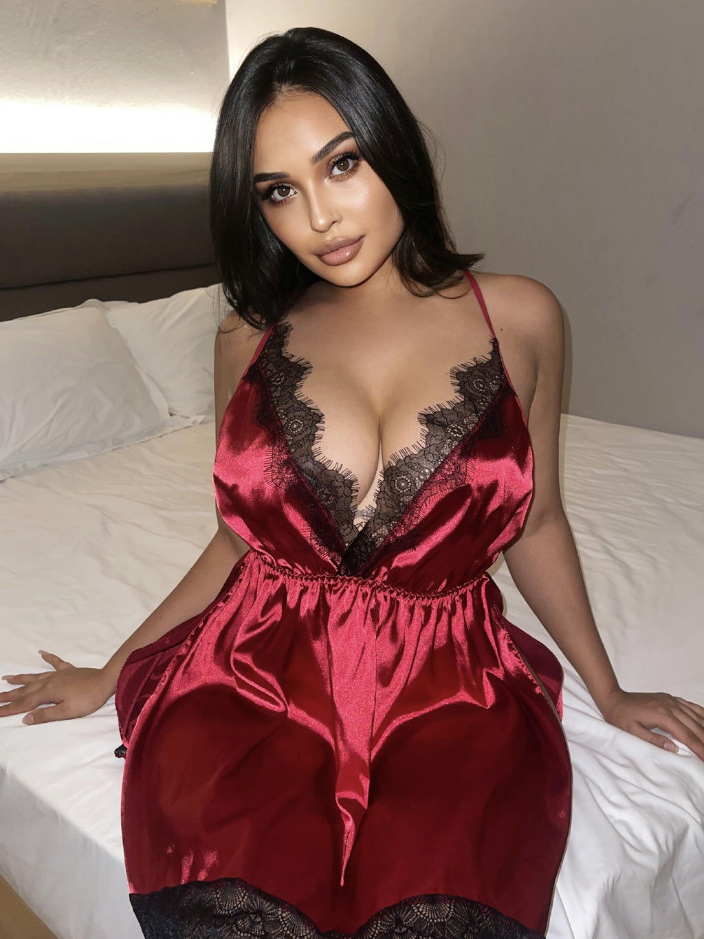 Satin Lace Trim Babydoll with Side Slits