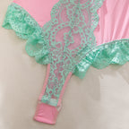 Contrast‑Color Floral Lace Panel Teddy Bodysuit