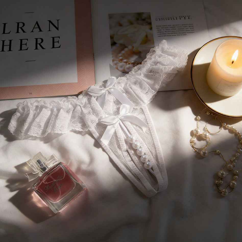 Romantic Floral Lace Lingerie Thong with Pearl Bead Detail