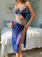 Floral Embroidery Mesh Hollow High Slit Midi Babydoll