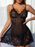 Floral Lace Babydoll Chemise with Sheer Mesh Panel & Scalloped Hem