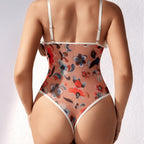 Floral Print Sheer Mesh Bodysuit with Lace Trim