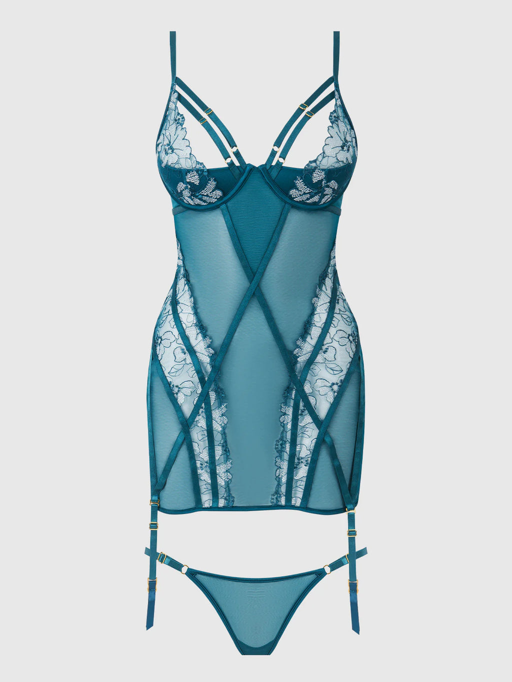 Floral Lace Open‑Back Cut‑Out Mesh Garter Chemise
