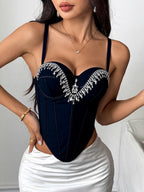 Rhinestone-Embellished Corset Bustier with Satin Finish
