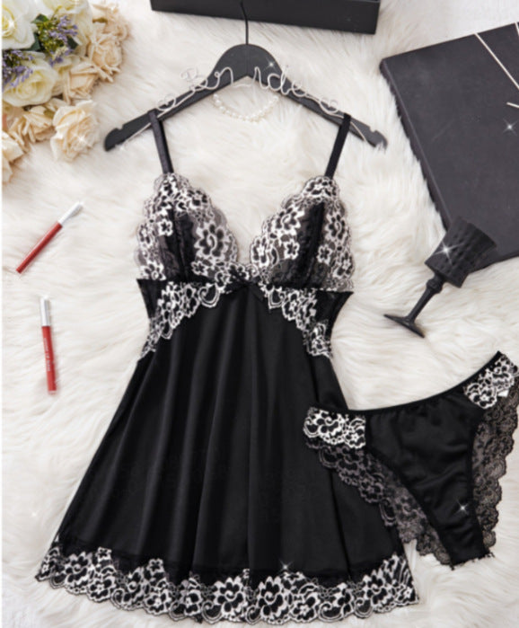 V-Neck Lace And Satin Chemise Nightie Set
