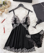 V-Neck Lace And Satin Chemise Nightie Set