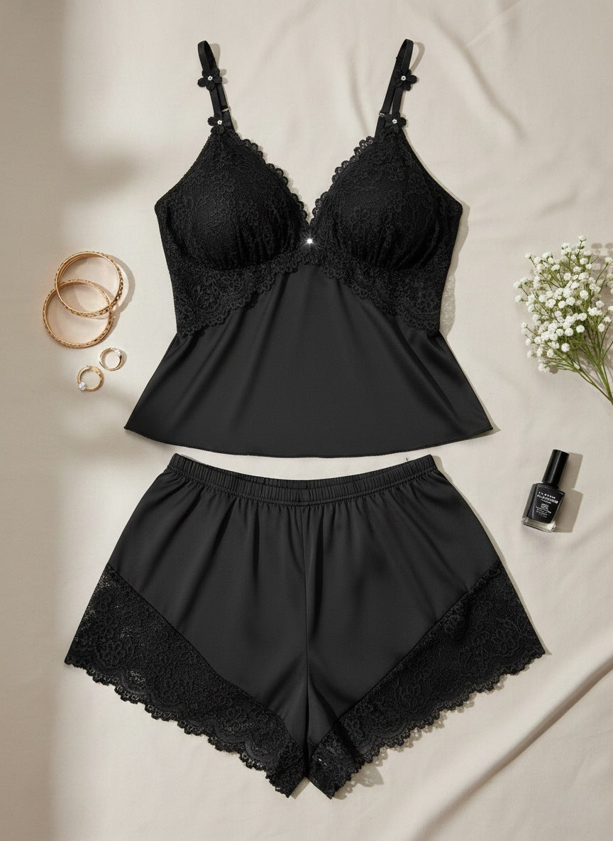 Plus Size Lace Trim Cami Top & Shorts Lingerie Set