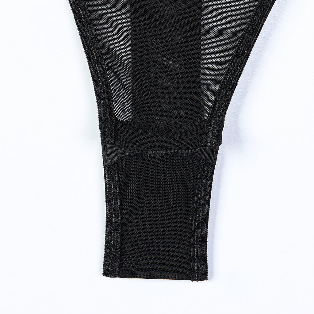 Mesh Criss‑Cross Ruffled Bodysuit