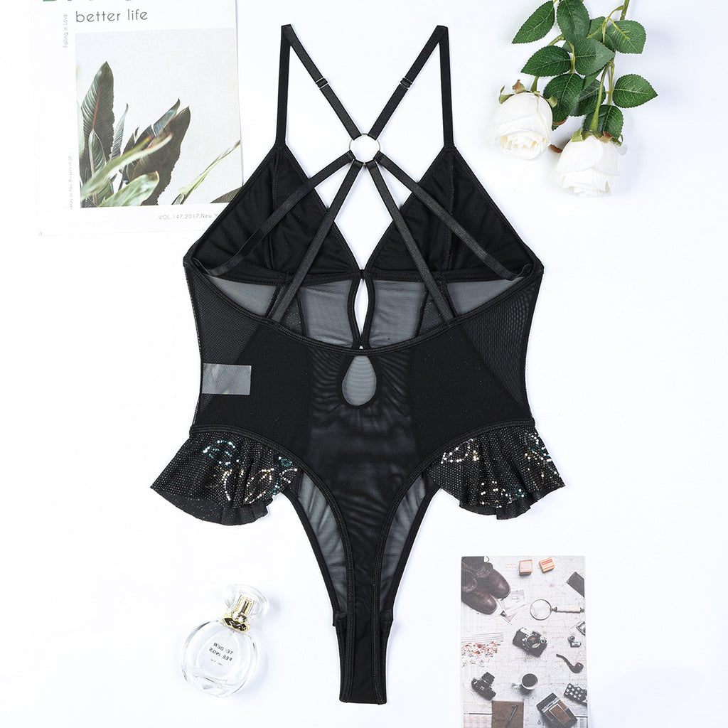 Mesh Criss‑Cross Ruffled Bodysuit