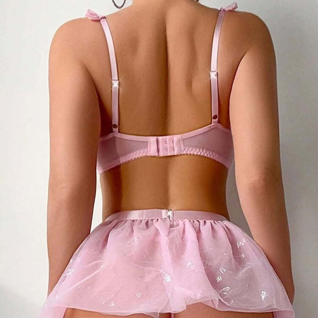 Ruffle Trim Lingerie Set with Pearl Chain And Butterfly Tulle Skirt