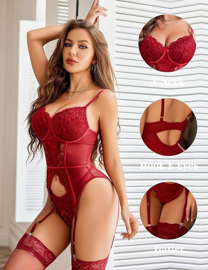 Floral Lace Corset Lingerie Set with Garter Straps And Cutout Detail