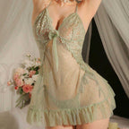 Floral Lace Sheer Mesh Babydoll Lingerie with Ruffle Hem