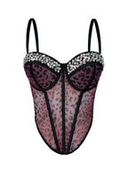Leopard Print Mesh Corset Bustier with Rhinestone Trim