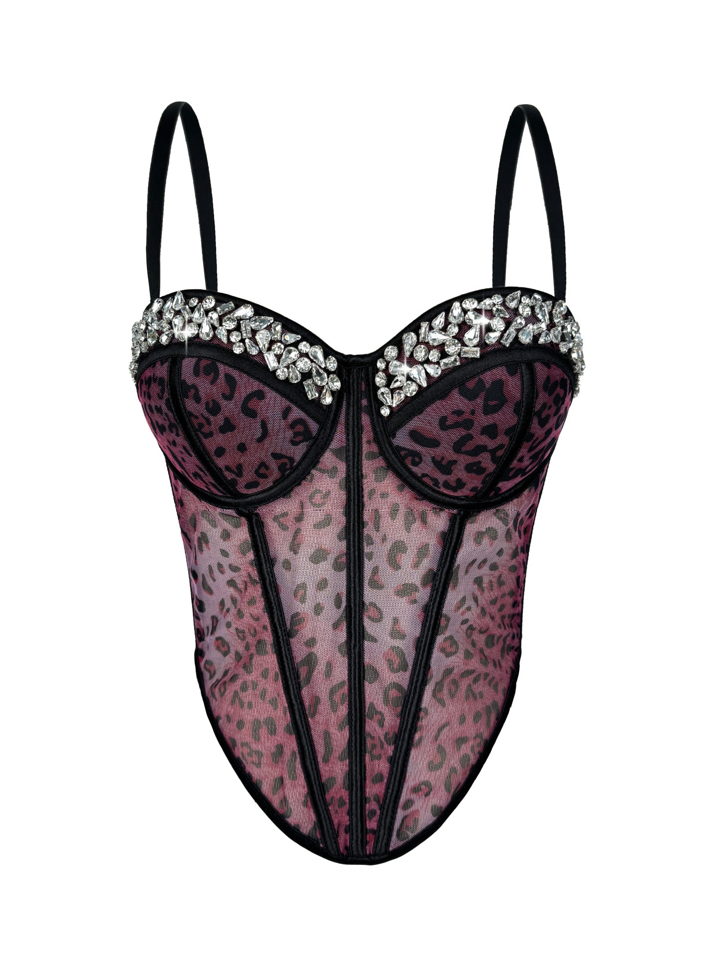 Leopard Print Mesh Corset Bustier with Rhinestone Trim