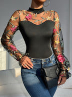 Floral Embroidered Sheer Mesh Bodysuit with Mock Neck
