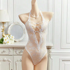 Deep‑V Lace‑Up Sheer Bodysuit with Halter