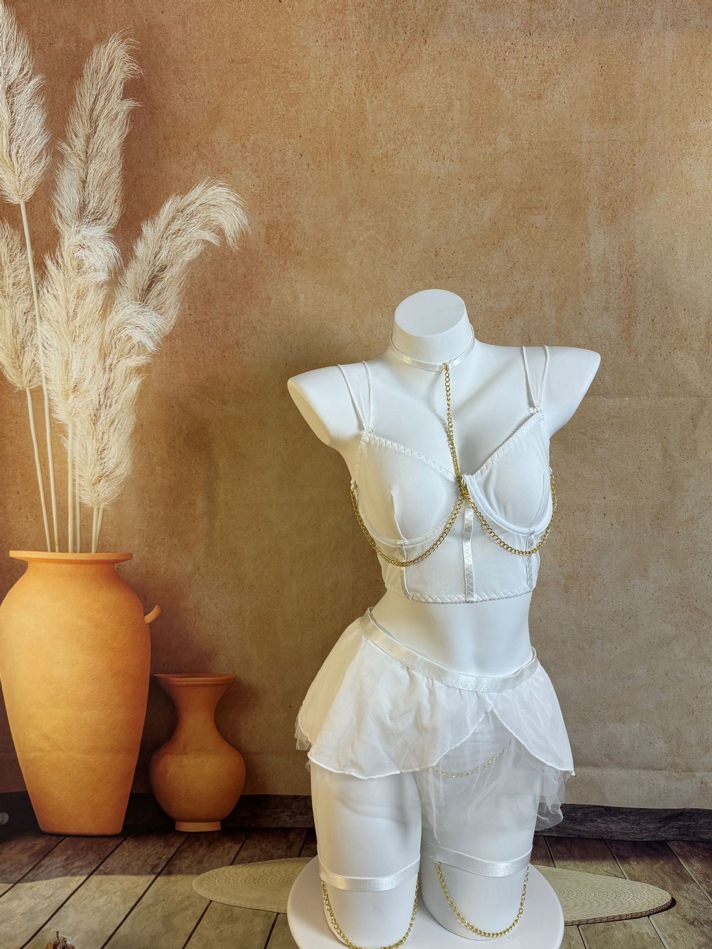 Seductive Sheer Mesh Lingerie Set with Gloves And Garter Straps