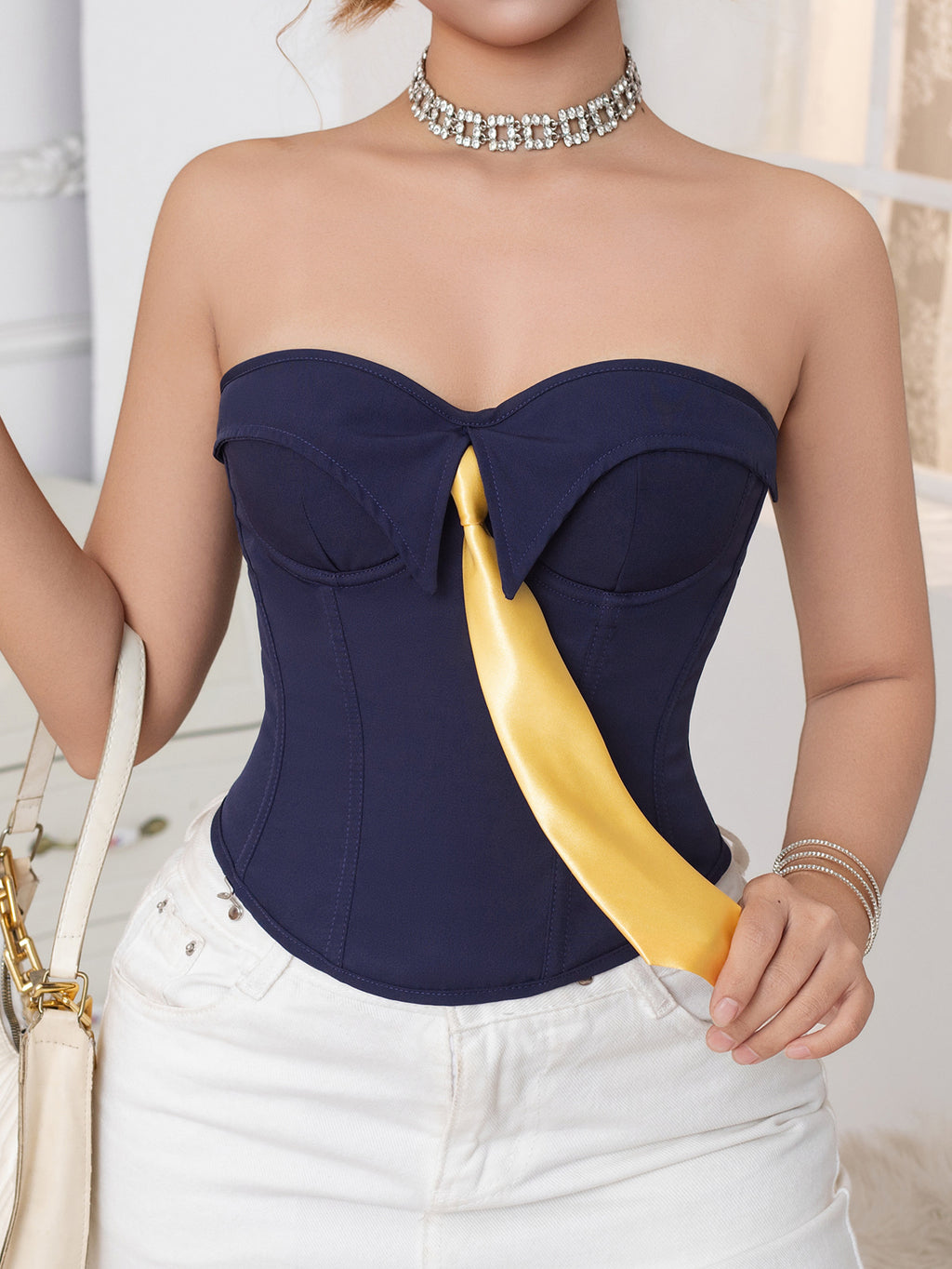 Strapless Push-Up Corset Top with Tie Detail & Back Lace-Up