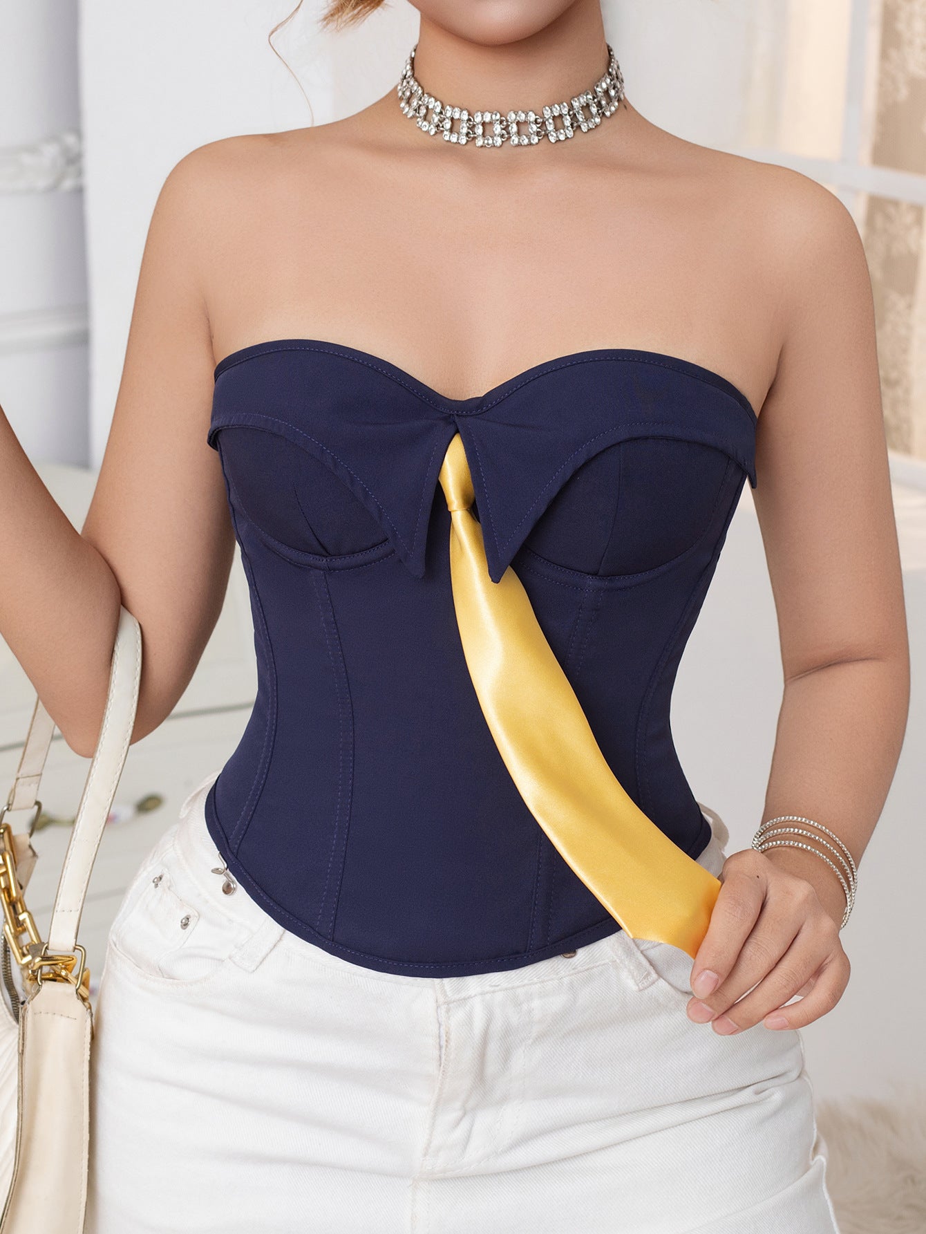 Strapless Push-Up Corset Top with Tie Detail & Back Lace-Up