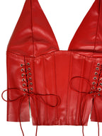 Faux Leather Halter Corset Top with Side Lace-Up Closure