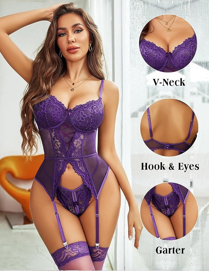 Floral Lace Corset Lingerie Set with Garter Straps And Cutout Detail